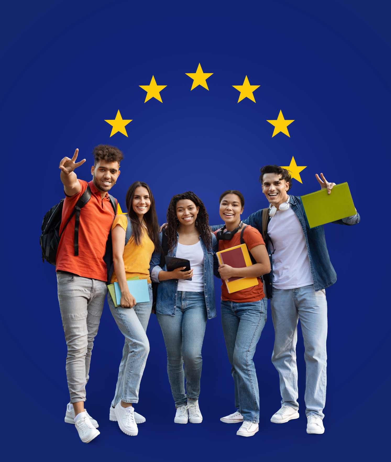 Five energetic college students with backpacks and books, giving peace signs